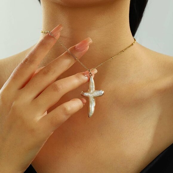 Pearl Cross Necklace for Women Freshwater Natural Chunky Baroque Pearl Necklaces - Picture 2 of 5